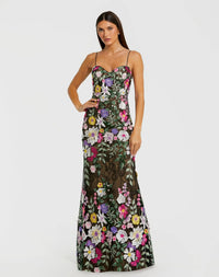 Mac Duggal #68897 black multi floral embroidered sleeveless bustier gown