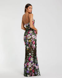 Mac Duggal #68897 black multi floral embroidered sleeveless bustier gown