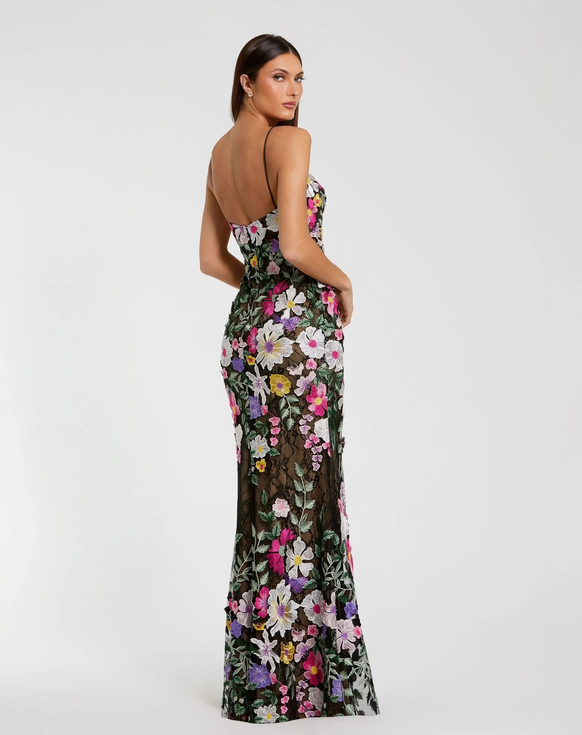 Mac Duggal #68897 black multi floral embroidered sleeveless bustier gown