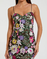 Mac Duggal #68897 black multi floral embroidered sleeveless bustier gown