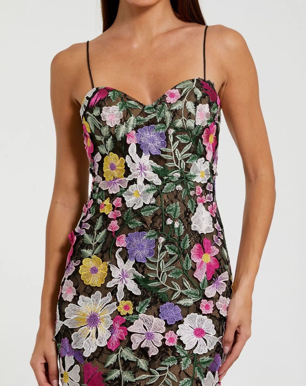 Mac Duggal #68897 black multi floral embroidered sleeveless bustier gown