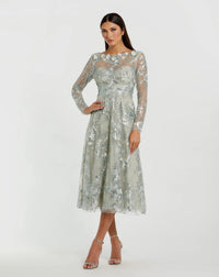 Mac Duggal 68898 Mist blue embellished illusion long sleeve midi dress - Front