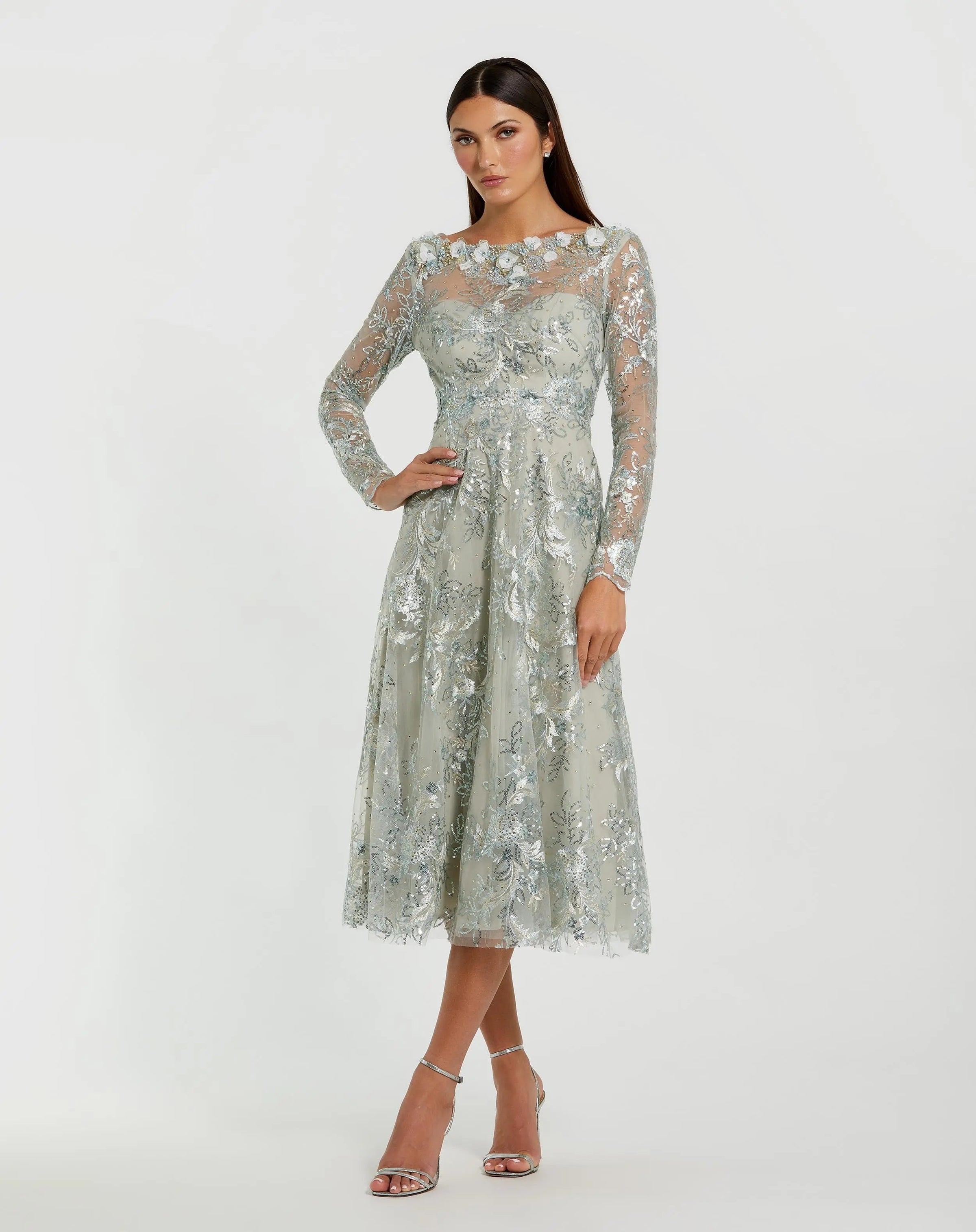 Mac Duggal 68898 Mist blue embellished illusion long sleeve midi dress - Front