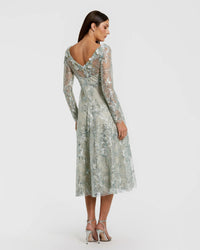 Mac Duggal 68898 Mist blue embellished illusion long sleeve midi dress - Back view