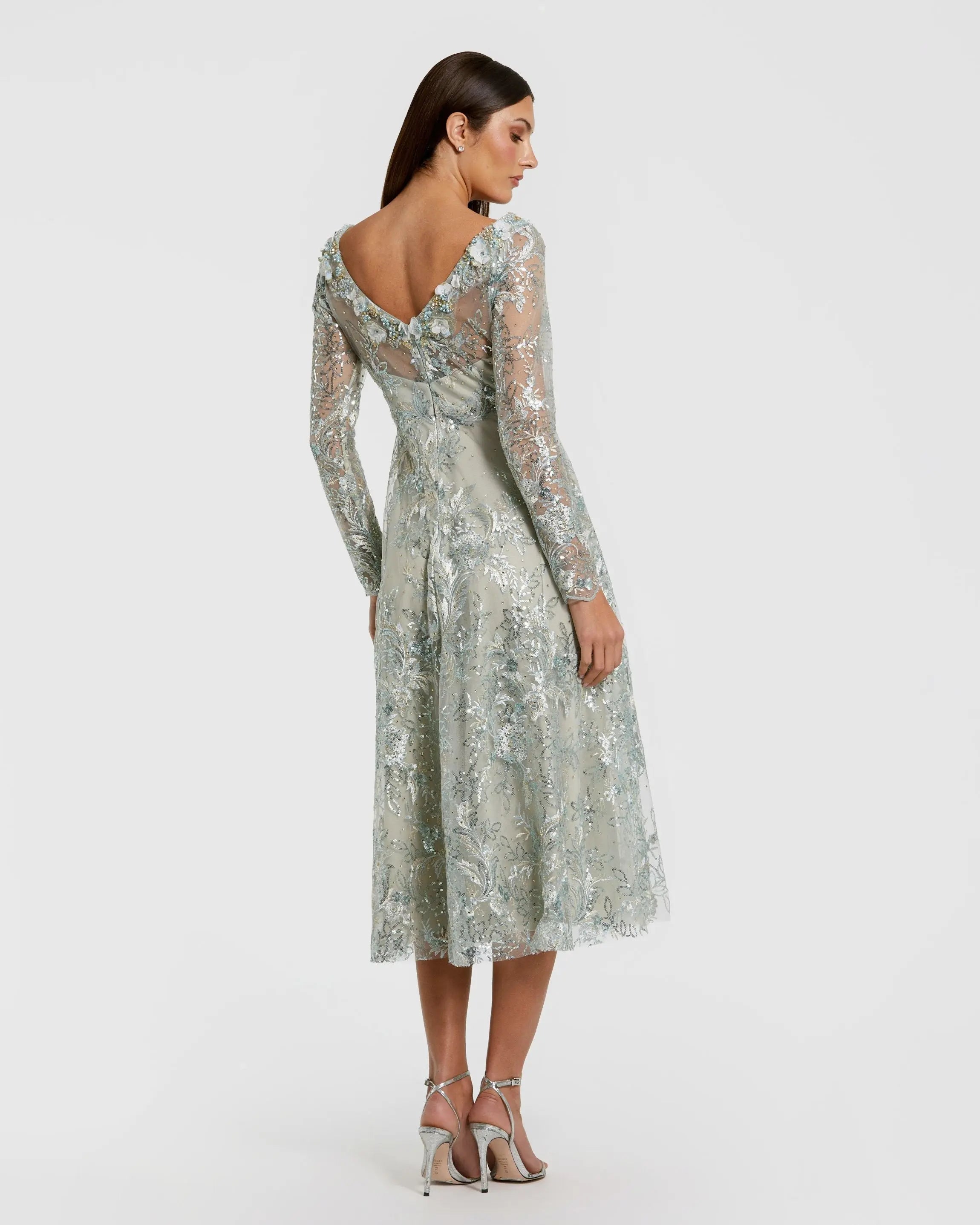 Mac Duggal 68898 Mist blue embellished illusion long sleeve midi dress - Back view