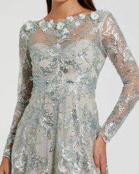 Mac Duggal 68898 Mist blue embellished illusion long sleeve midi dress - Close up detail