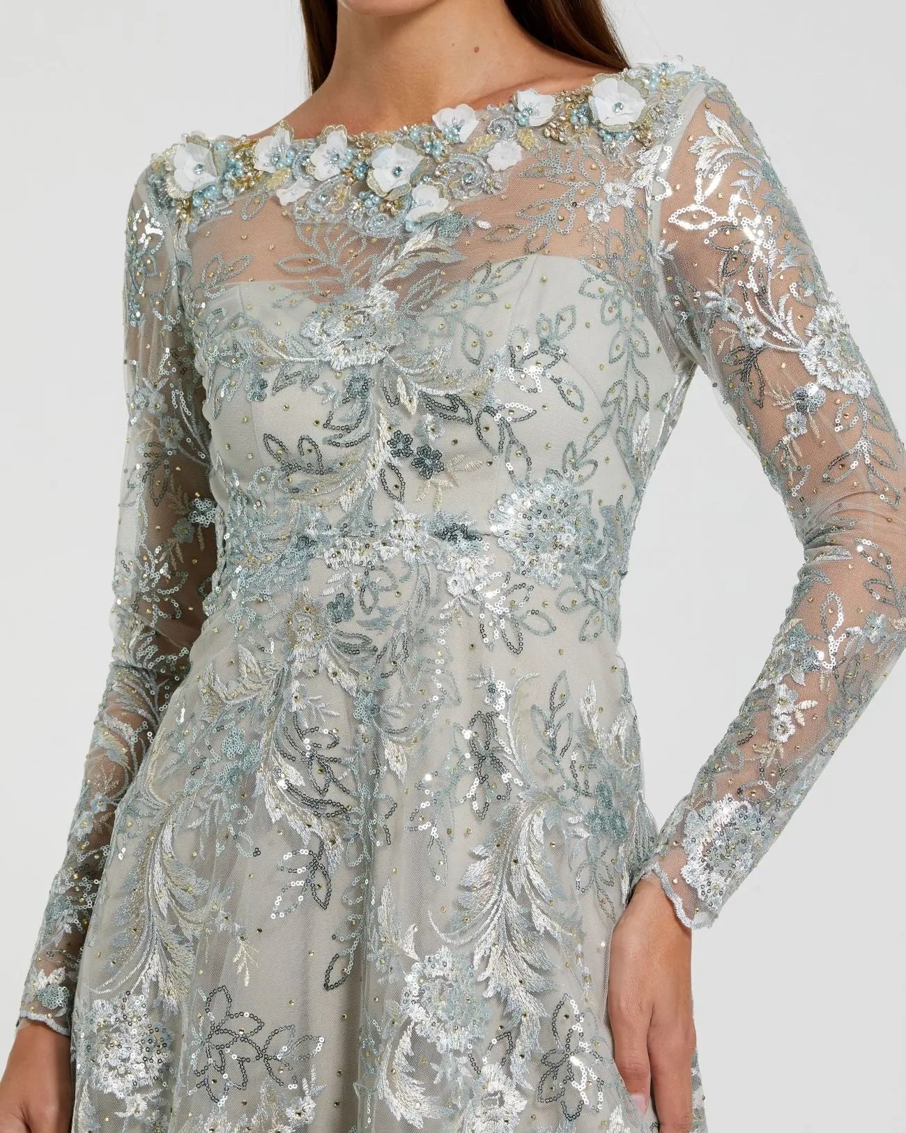 Mac Duggal 68898 Mist blue embellished illusion long sleeve midi dress - Close up detail