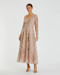 Mac Duggal #68906 champagne embroidered long sleeve v-neck midi dress