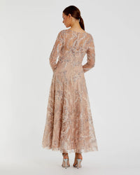 Mac Duggal #68906 champagne embroidered long sleeve v-neck midi dress