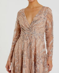 Mac Duggal #68906 champagne embroidered long sleeve v-neck midi dress