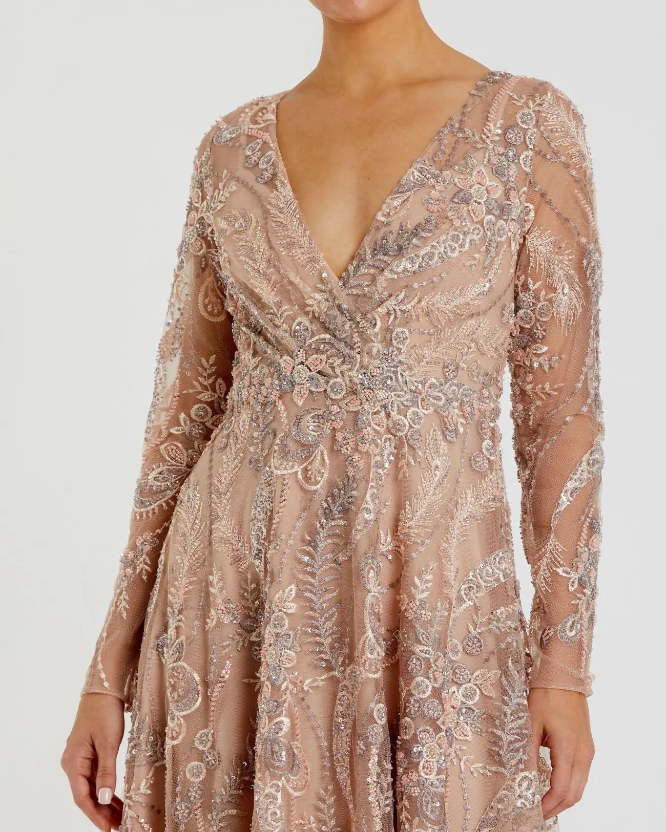 Mac Duggal #68906 champagne embroidered long sleeve v-neck midi dress