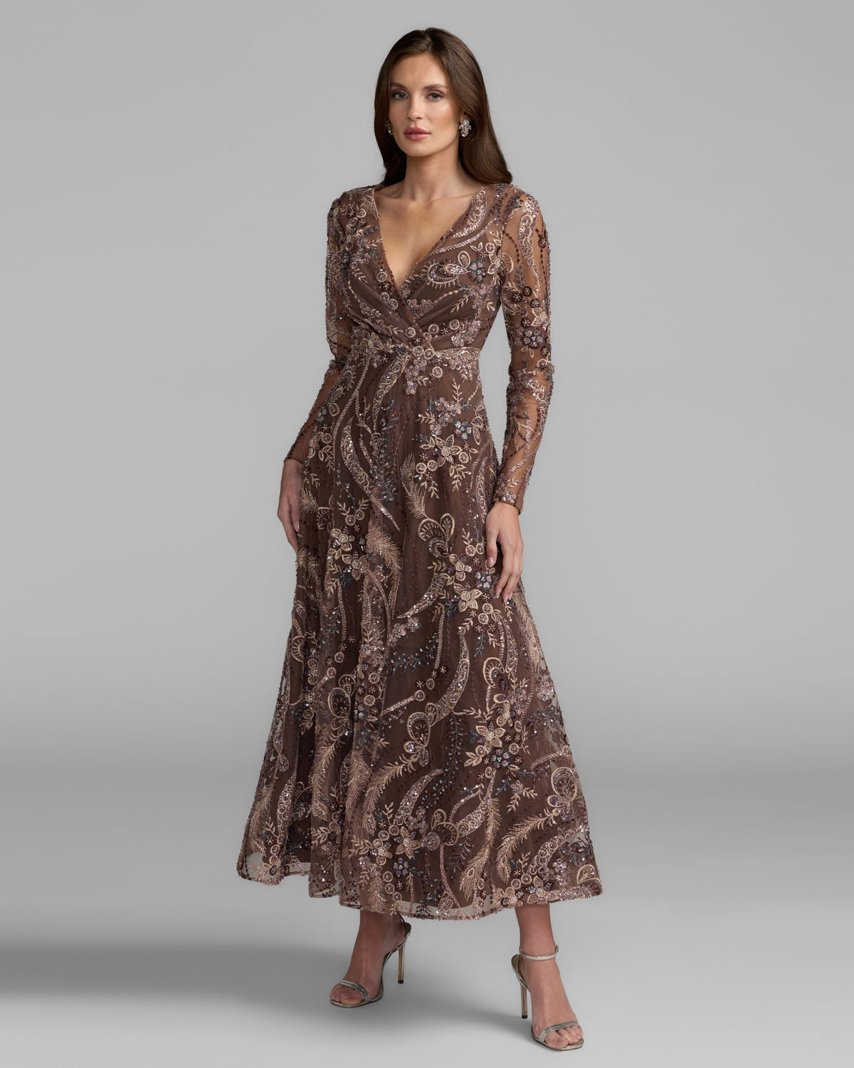 Mac Duggal #68906 chocolate embroidered long sleeve v neck midi dress