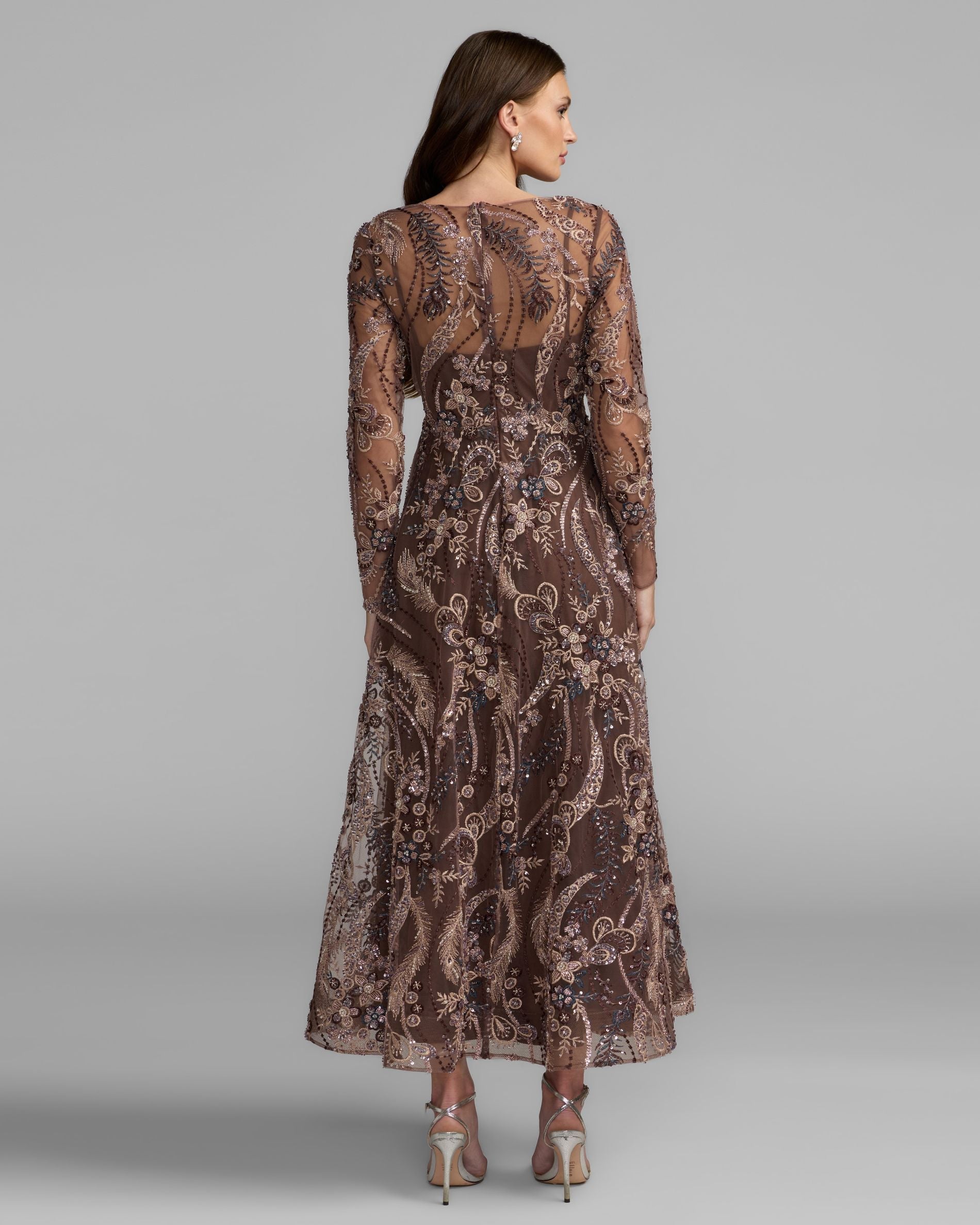 Mac Duggal #68906 chocolate midi dress back view