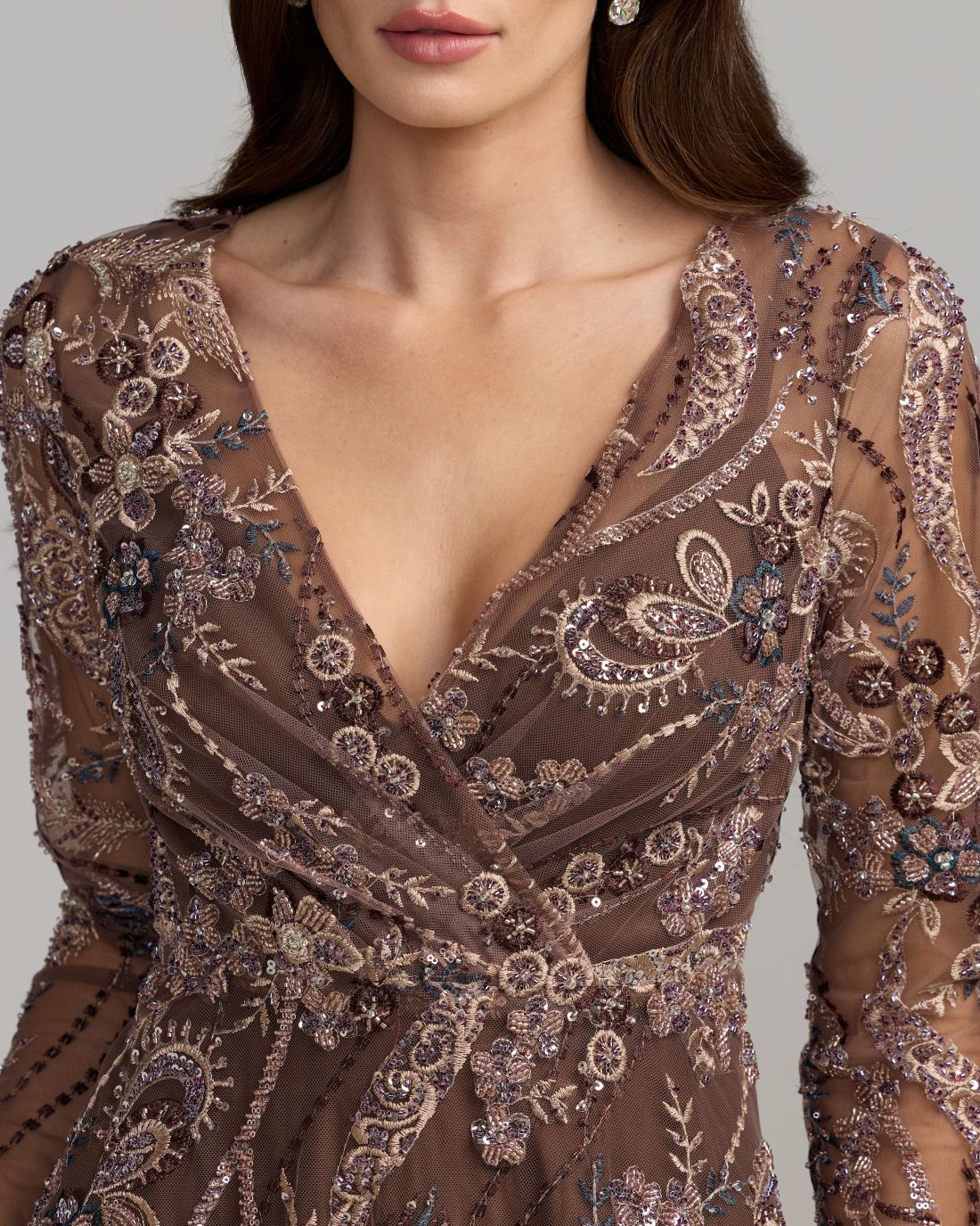 Mac Duggal #68906 chocolate sheer sleeve detail