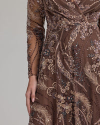 Mac Duggal #68906 chocolate floral sequin embroidery detail