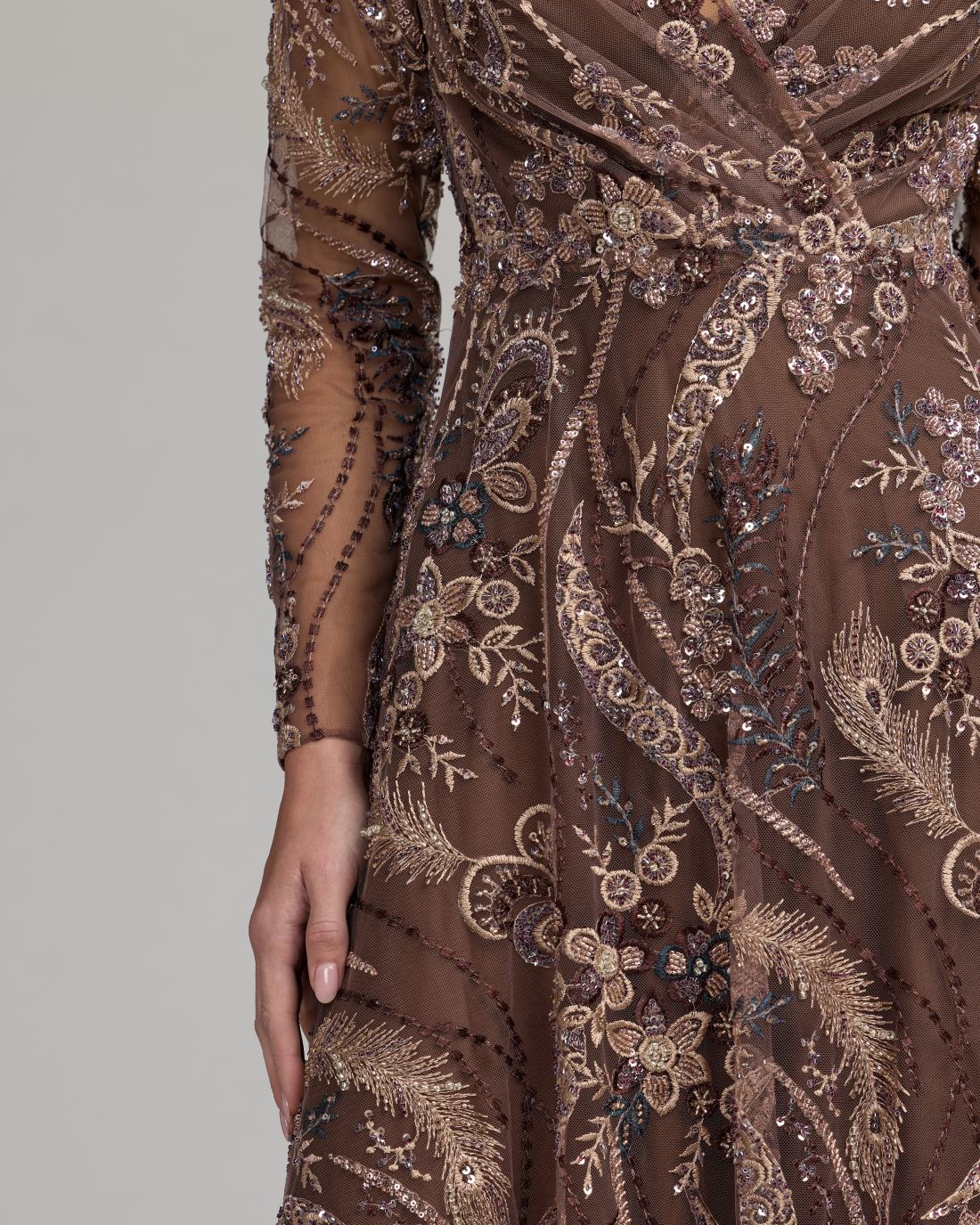 Mac Duggal #68906 chocolate floral sequin embroidery detail