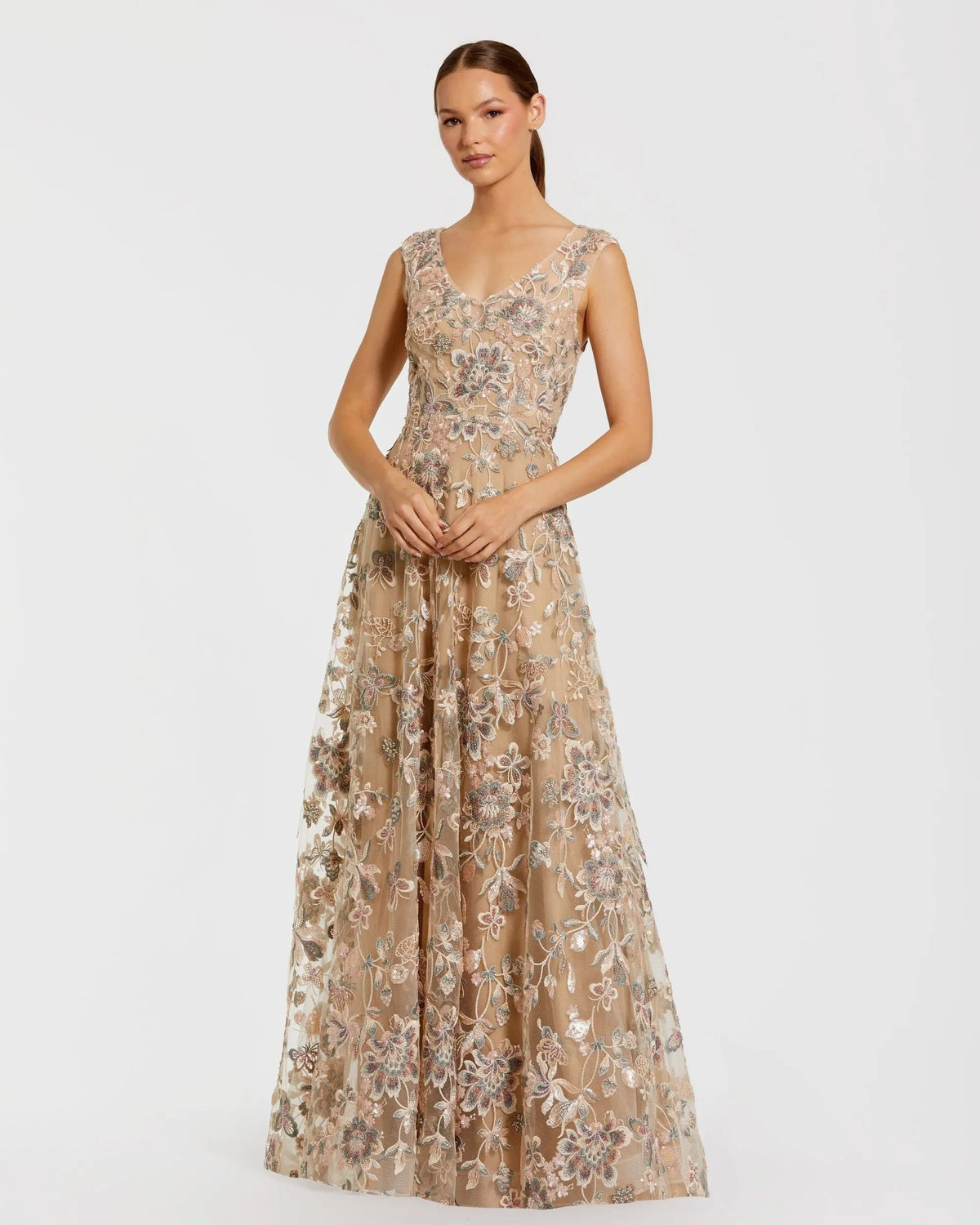Mac Duggal 68907 Taupe floral embroidered sleeveless V neck gown - front