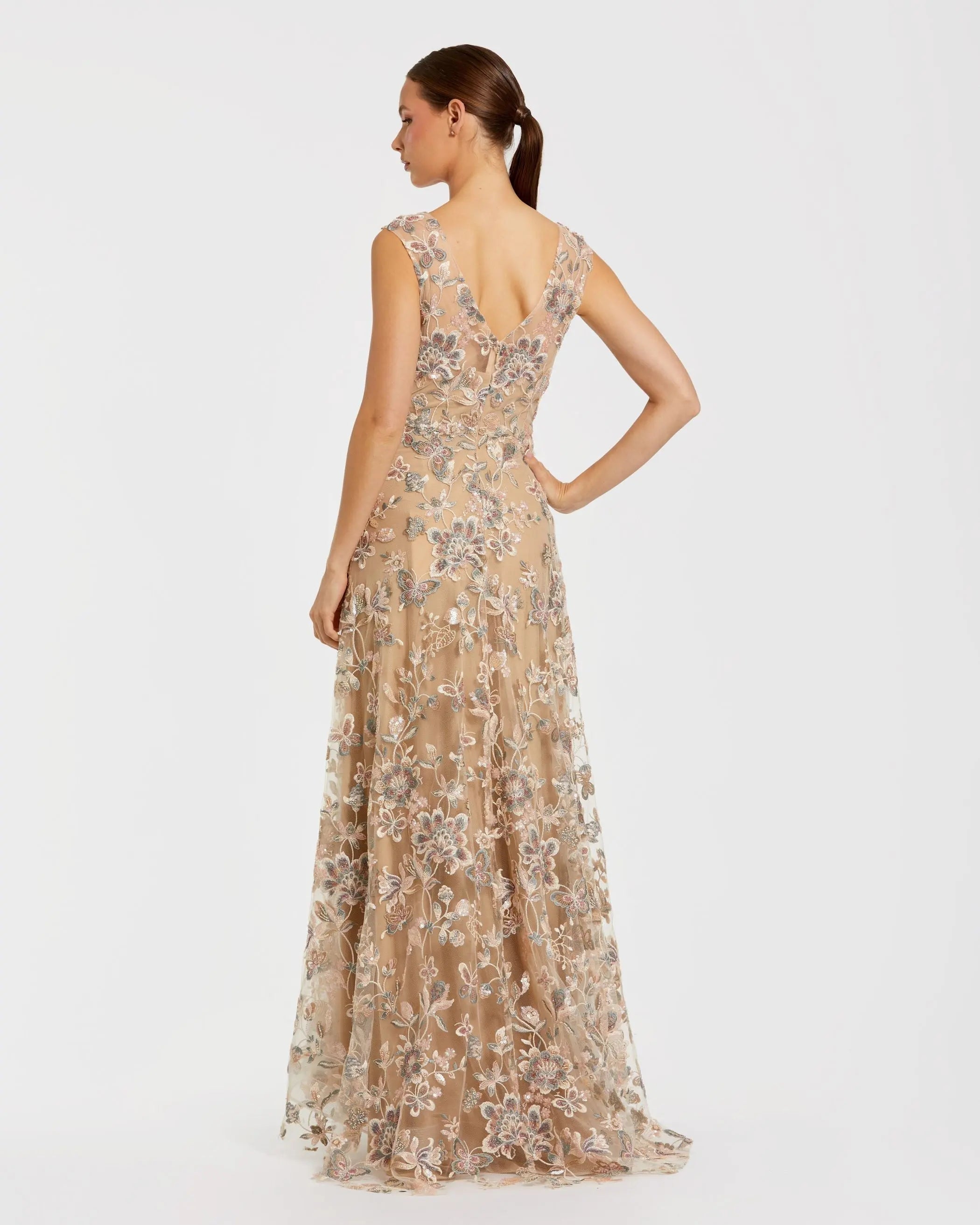 Mac Duggal 68907 Taupe floral embroidered sleeveless V neck gown - back