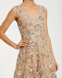 Mac Duggal 68907 Taupe floral embroidered sleeveless V neck gown - detail