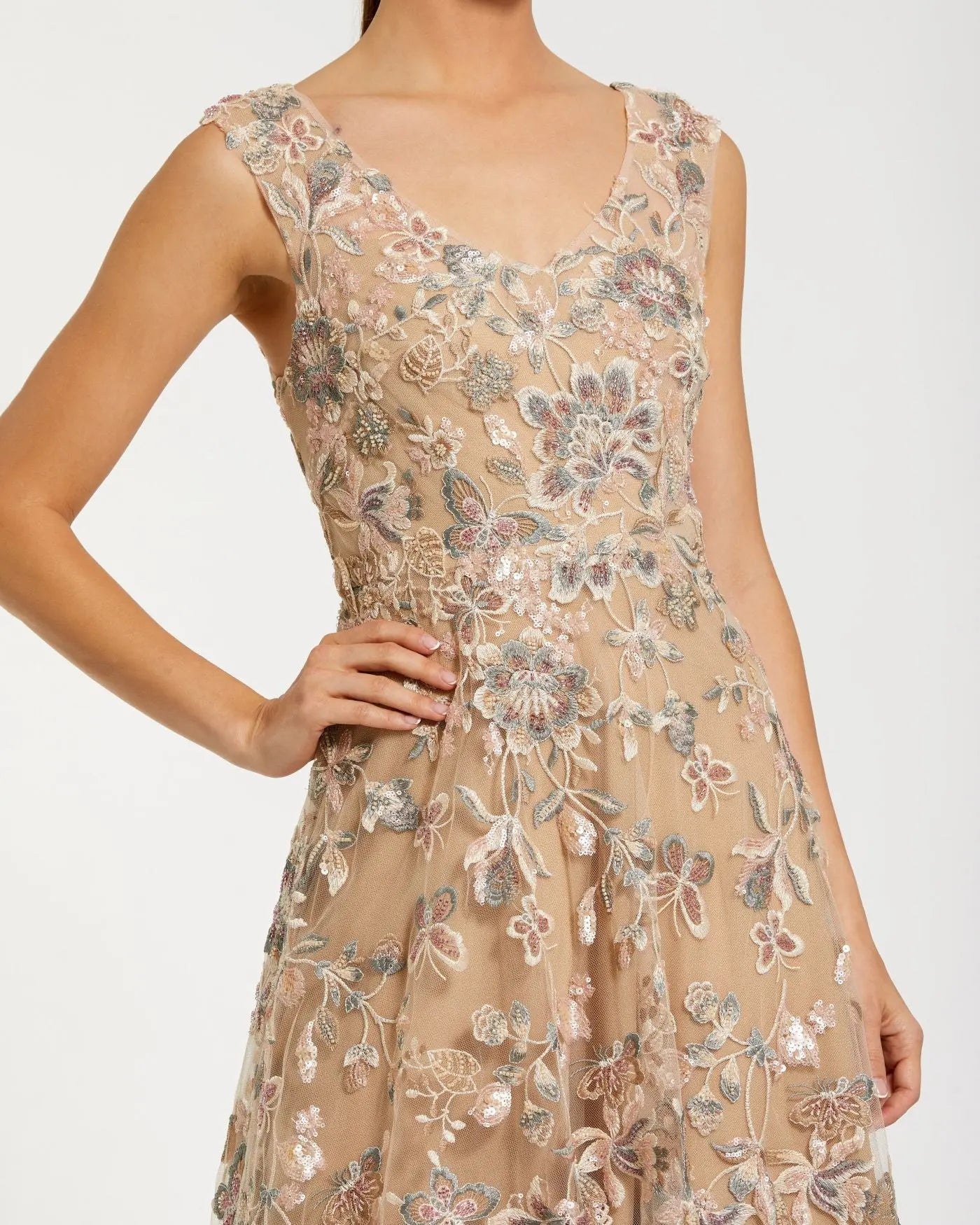 Mac Duggal 68907 Taupe floral embroidered sleeveless V neck gown - detail