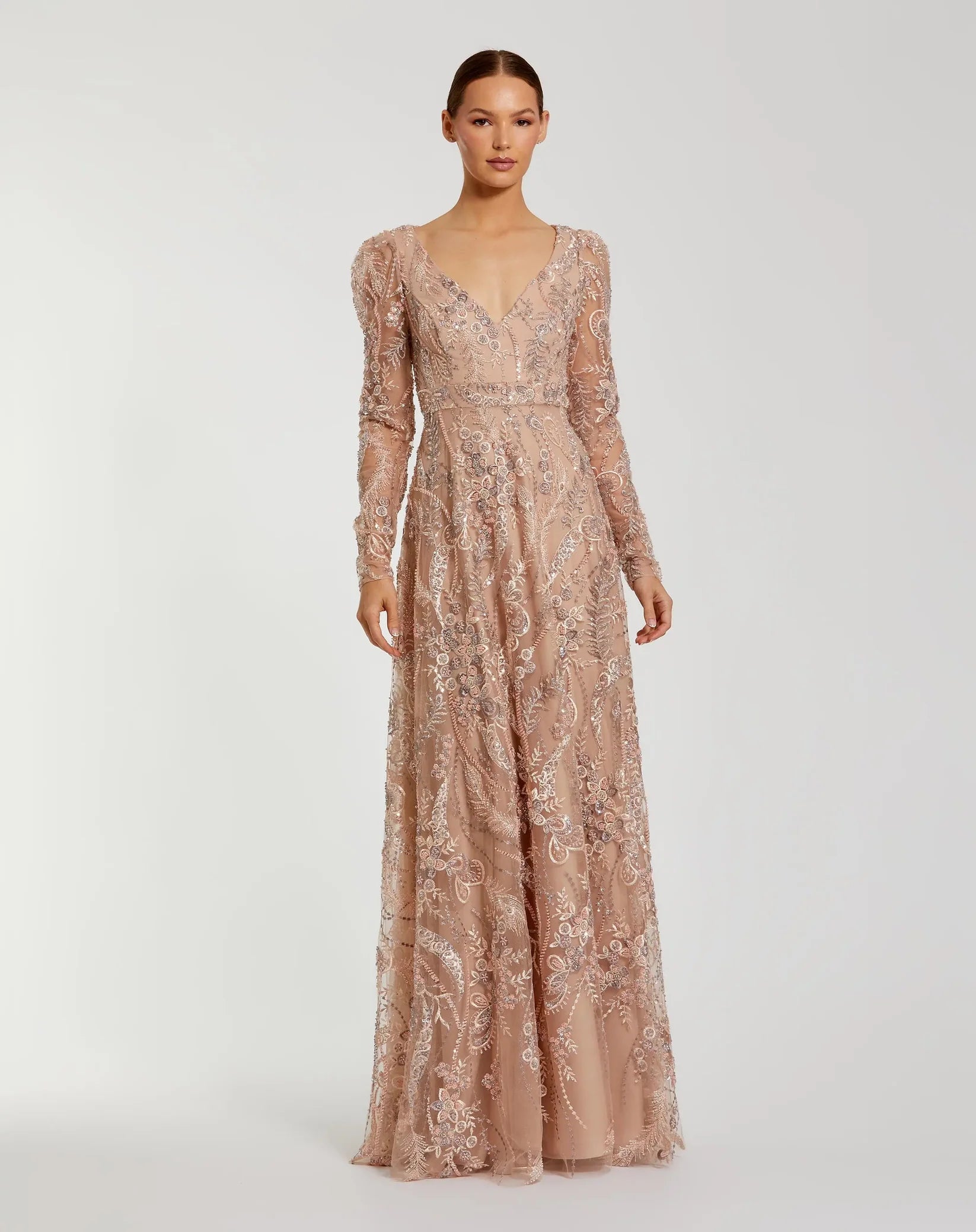 Mac Duggal 68908 Taupe floral embroidered V neck long sleeve gown - front