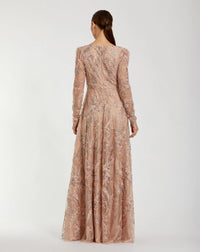 Mac Duggal 68908 Taupe floral embroidered V neck long sleeve gown - back
