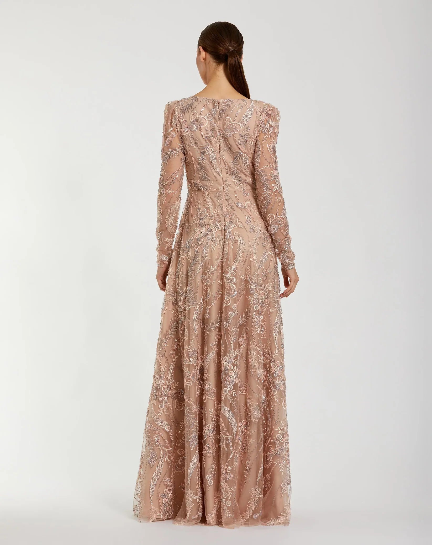 Mac Duggal 68908 Taupe floral embroidered V neck long sleeve gown - back