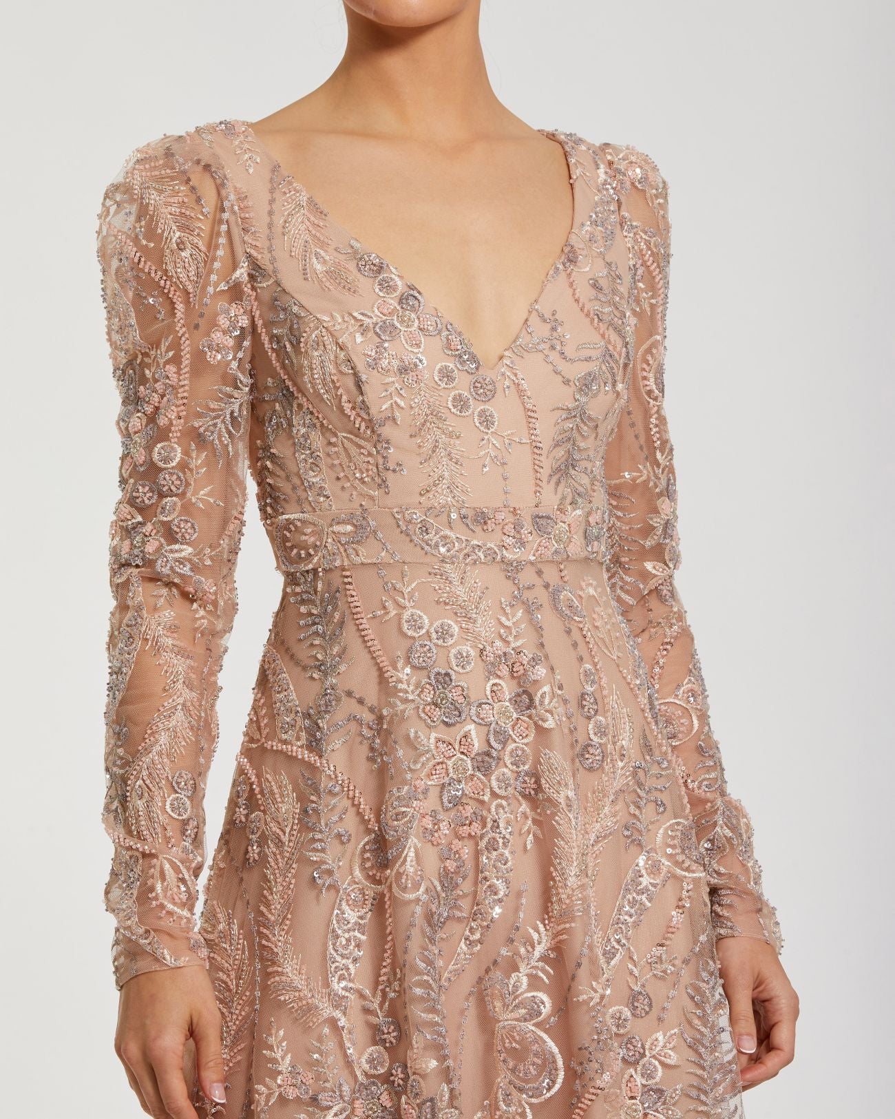 Mac Duggal 68908 Taupe floral embroidered V neck long sleeve gown - detail