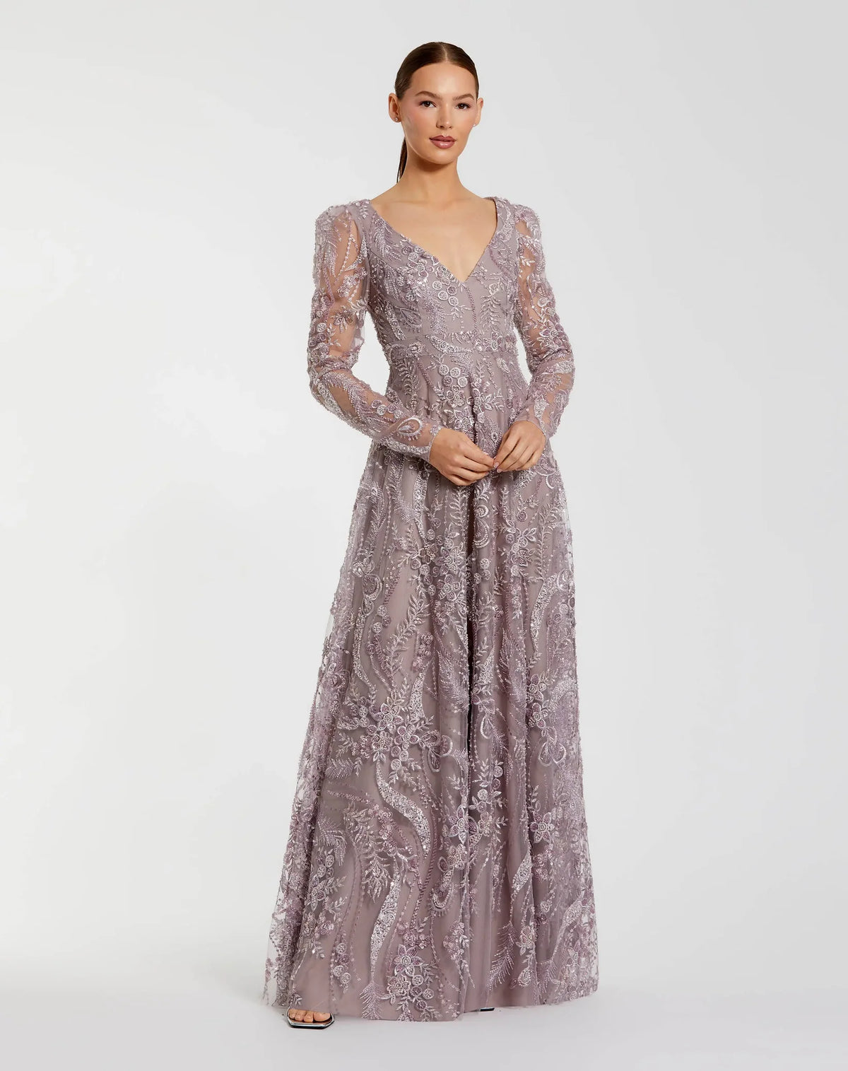 Mac Duggal 68908 Vintage Lilac floral embroidered V neck long sleeve gown - front