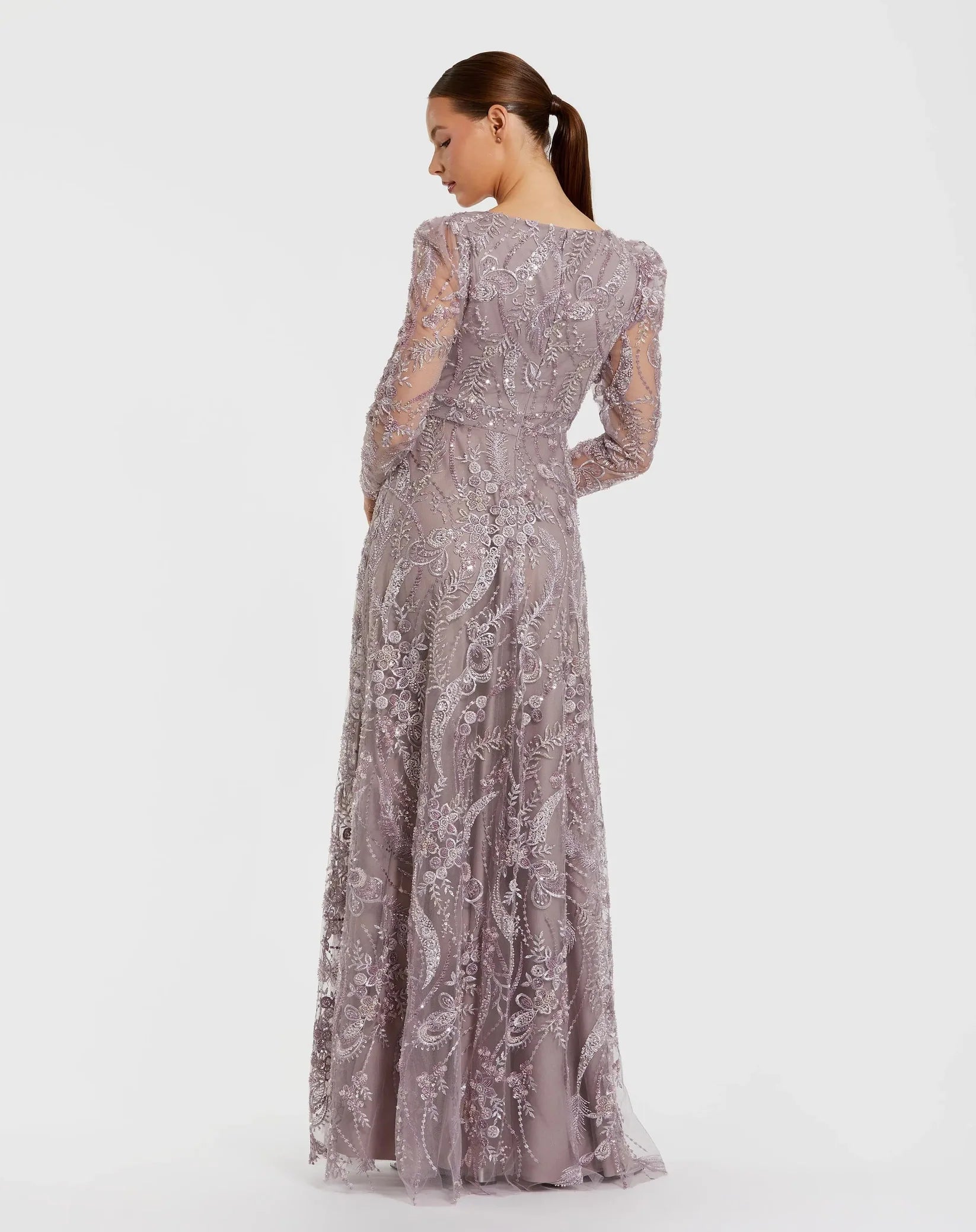 Mac Duggal 68908 Vintage Lilac floral embroidered V neck long sleeve gown - back