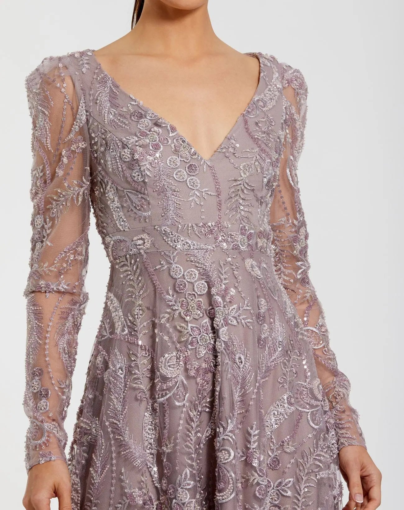 Mac Duggal 68908 Vintage Lilac floral embroidered V neck long sleeve gown - detail