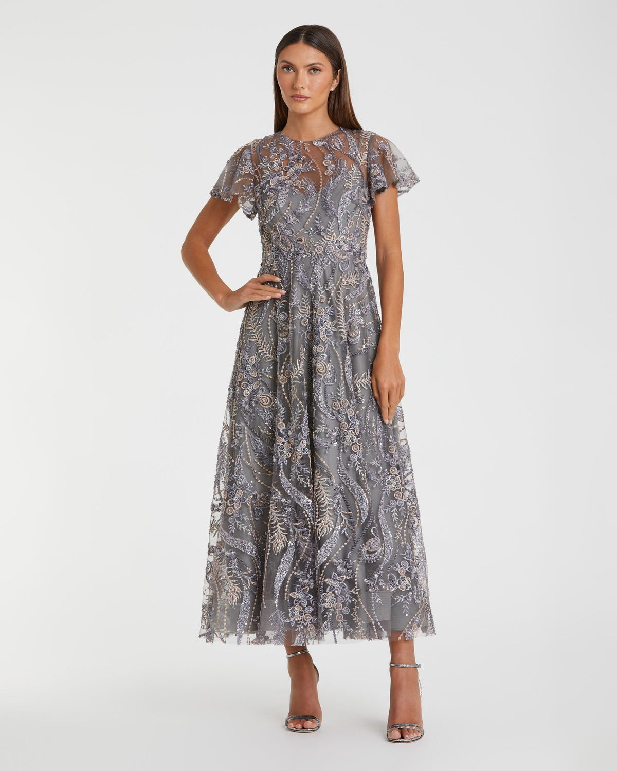 Mac Duggal #68909 charcoal embroidered flutter sleeve midi dress
