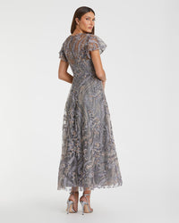 Mac Duggal #68909 charcoal embroidered flutter sleeve midi dress back view