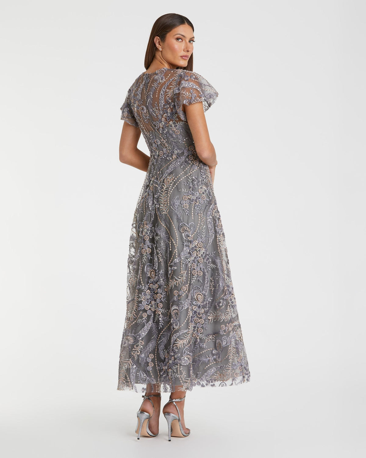 Mac Duggal #68909 charcoal embroidered flutter sleeve midi dress back view