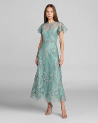 Mac Duggal Blue Embroidered Flutter Sleeve Midi Dress #68909