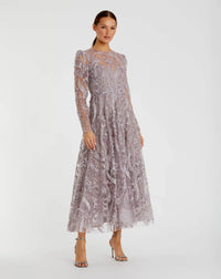 Mac Duggal Purple Floral Embroidered High Neck Long Sleeve Modest Dress Mauve #68910