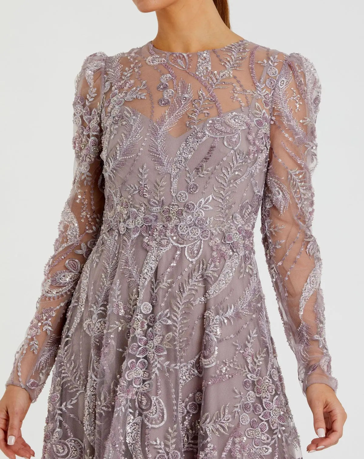 Mac Duggal Purple Floral Embroidered High Neck Long Sleeve Modest Dress Mauve #68910