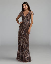 Mac Duggal #68914 chocolate v neck flutter sleeve embroidered lace gown