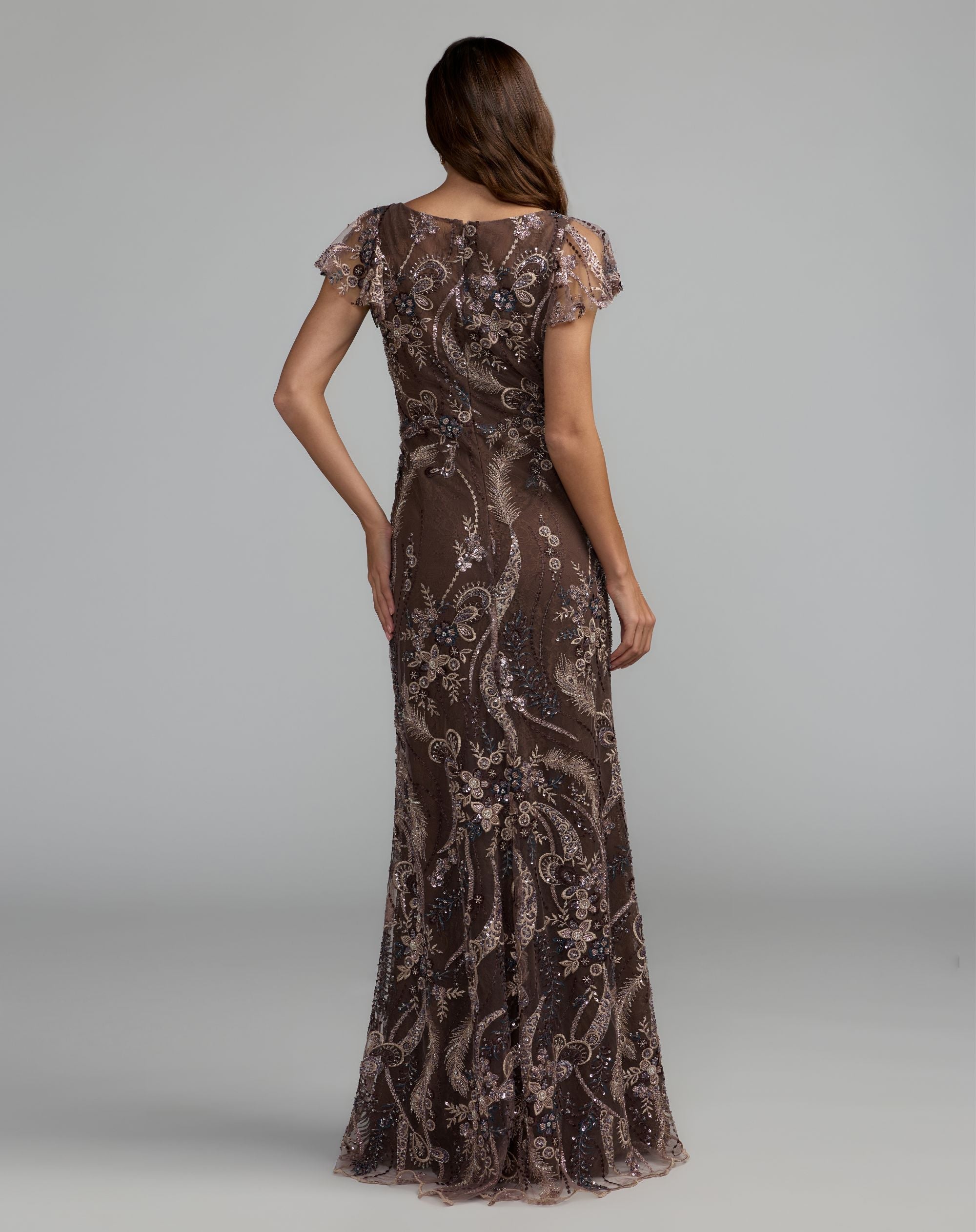 Mac Duggal #68914 chocolate lace gown back view