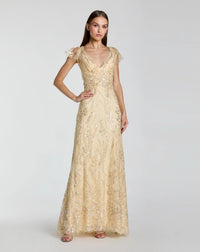 V Neck Flutter Sleeve Embroidered Lace Gown