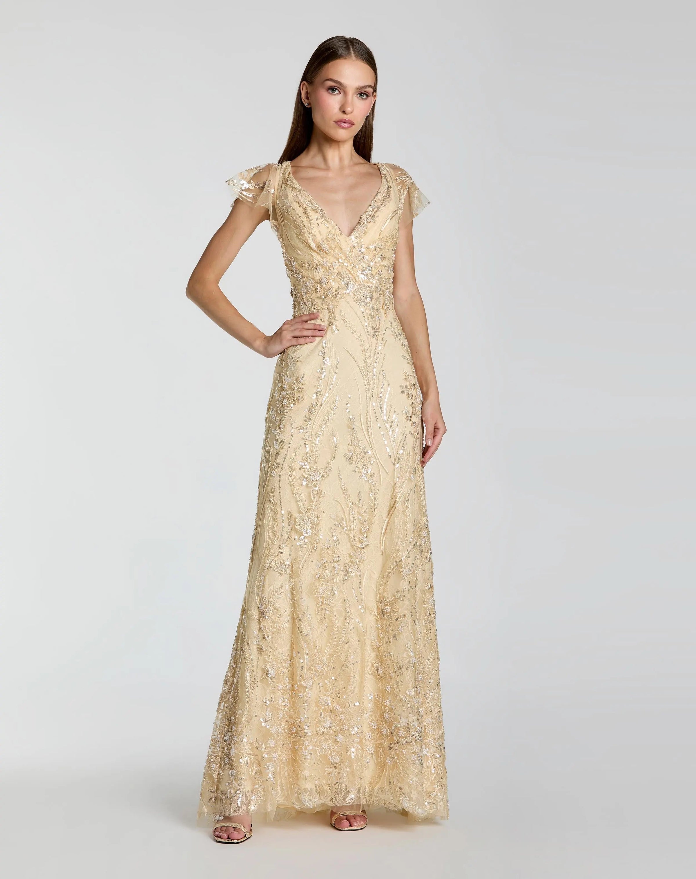 V Neck Flutter Sleeve Embroidered Lace Gown