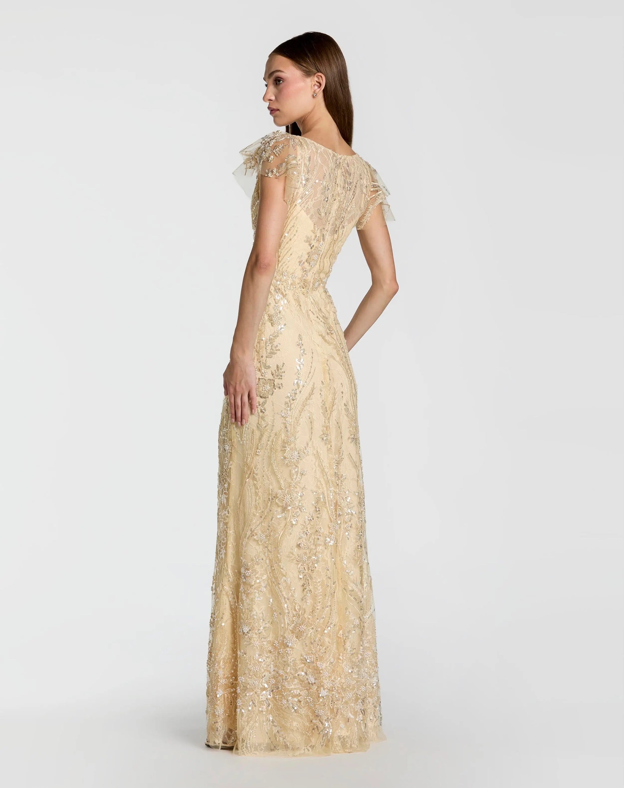 V Neck Flutter Sleeve Embroidered Lace Gown