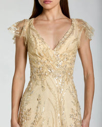 V Neck Flutter Sleeve Embroidered Lace Gown
