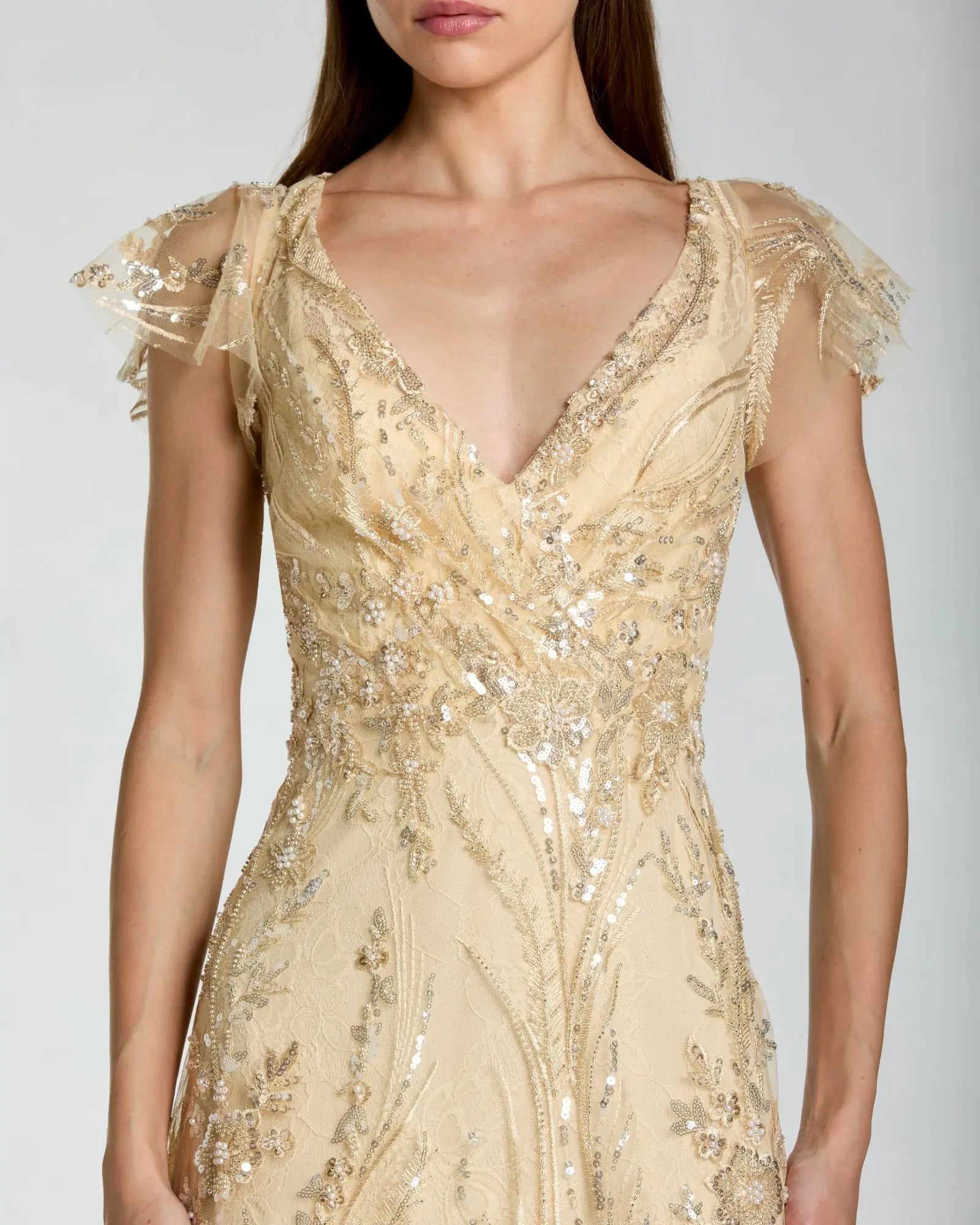 V Neck Flutter Sleeve Embroidered Lace Gown