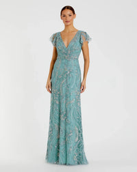 Mac Duggal Blue V Neck Flutter Sleeve Embroidered Lace Gown #68914 Seafoam