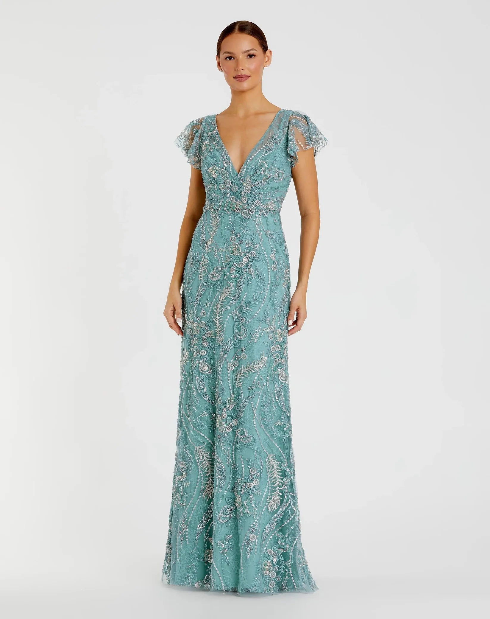 Mac Duggal Blue V Neck Flutter Sleeve Embroidered Lace Gown #68914 Seafoam