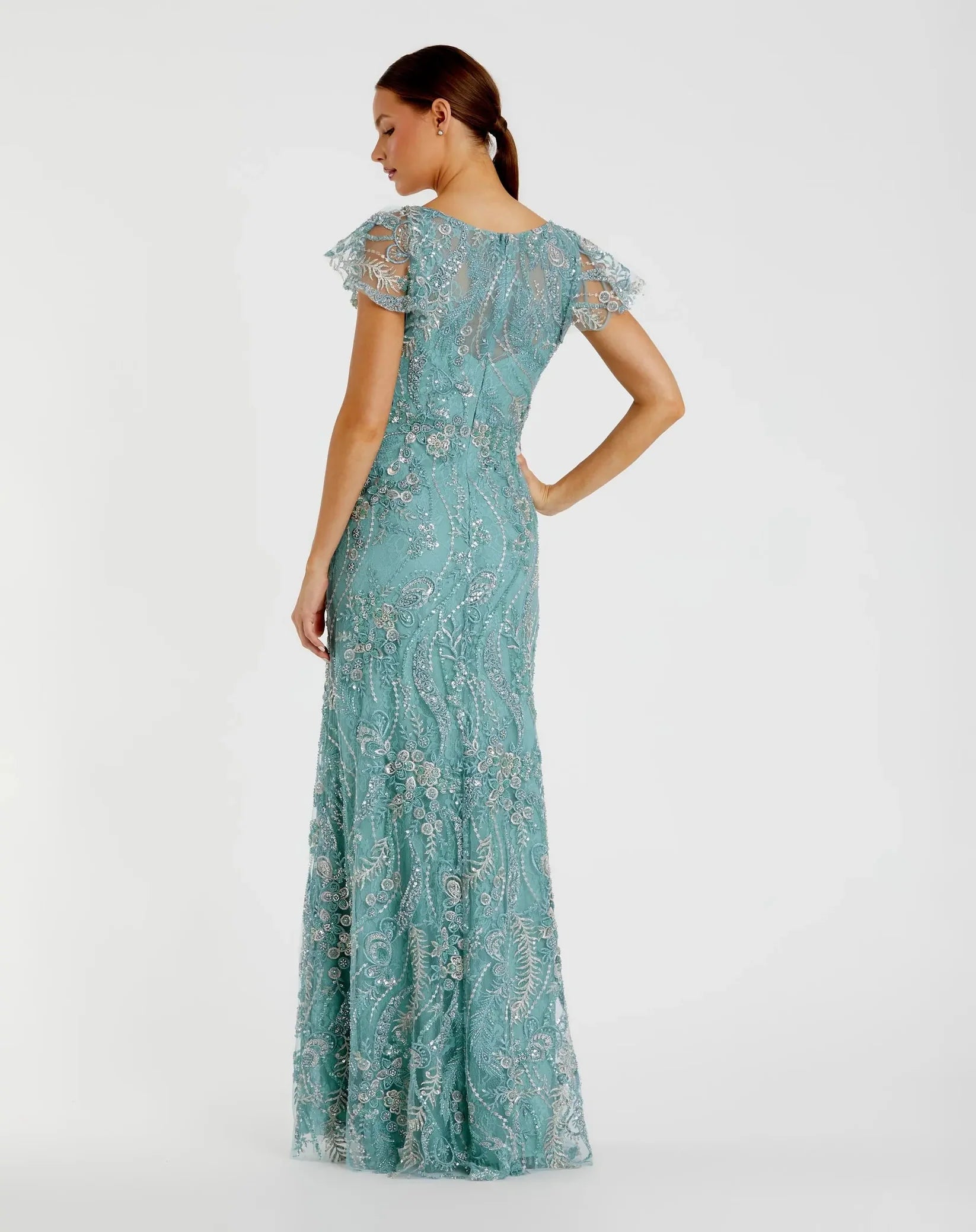 Mac Duggal Blue V Neck Flutter Sleeve Embroidered Lace Gown #68914 Seafoam