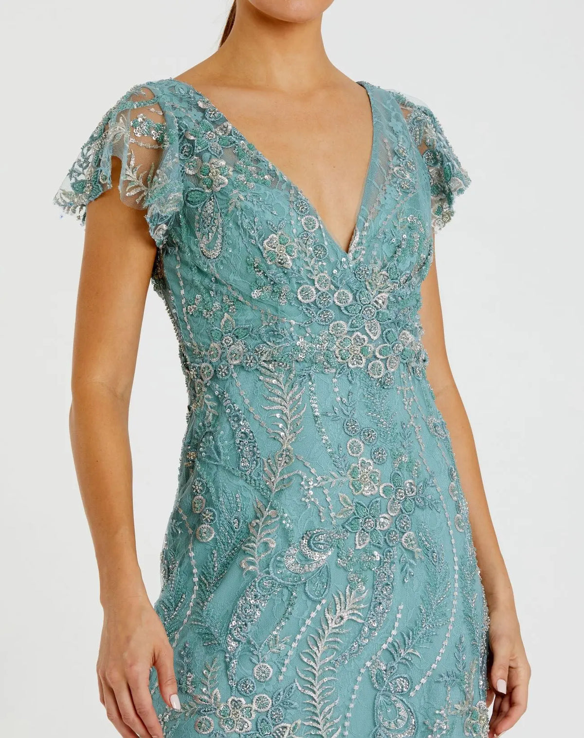 Mac Duggal Blue V Neck Flutter Sleeve Embroidered Lace Gown #68914 Seafoam