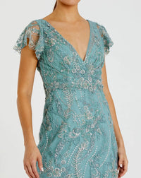 Mac Duggal Blue V Neck Flutter Sleeve Embroidered Lace Gown #68914 Seafoam