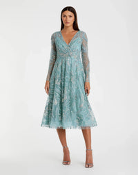 Mac Duggal 68915 Seafoam floral embroidered V neck long sleeve midi dress - front